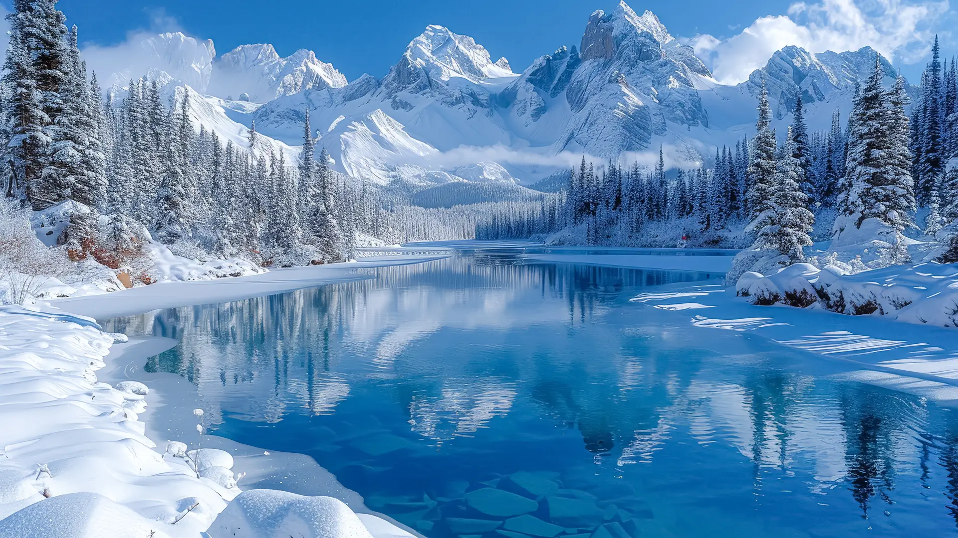 Lago de montaña helado entre abetos nevados